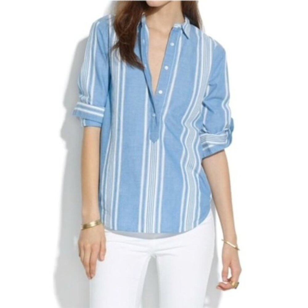 Madewell Market Popover 1/2 Button Long Sleeve Blouse Hammock Stripes Blue Small